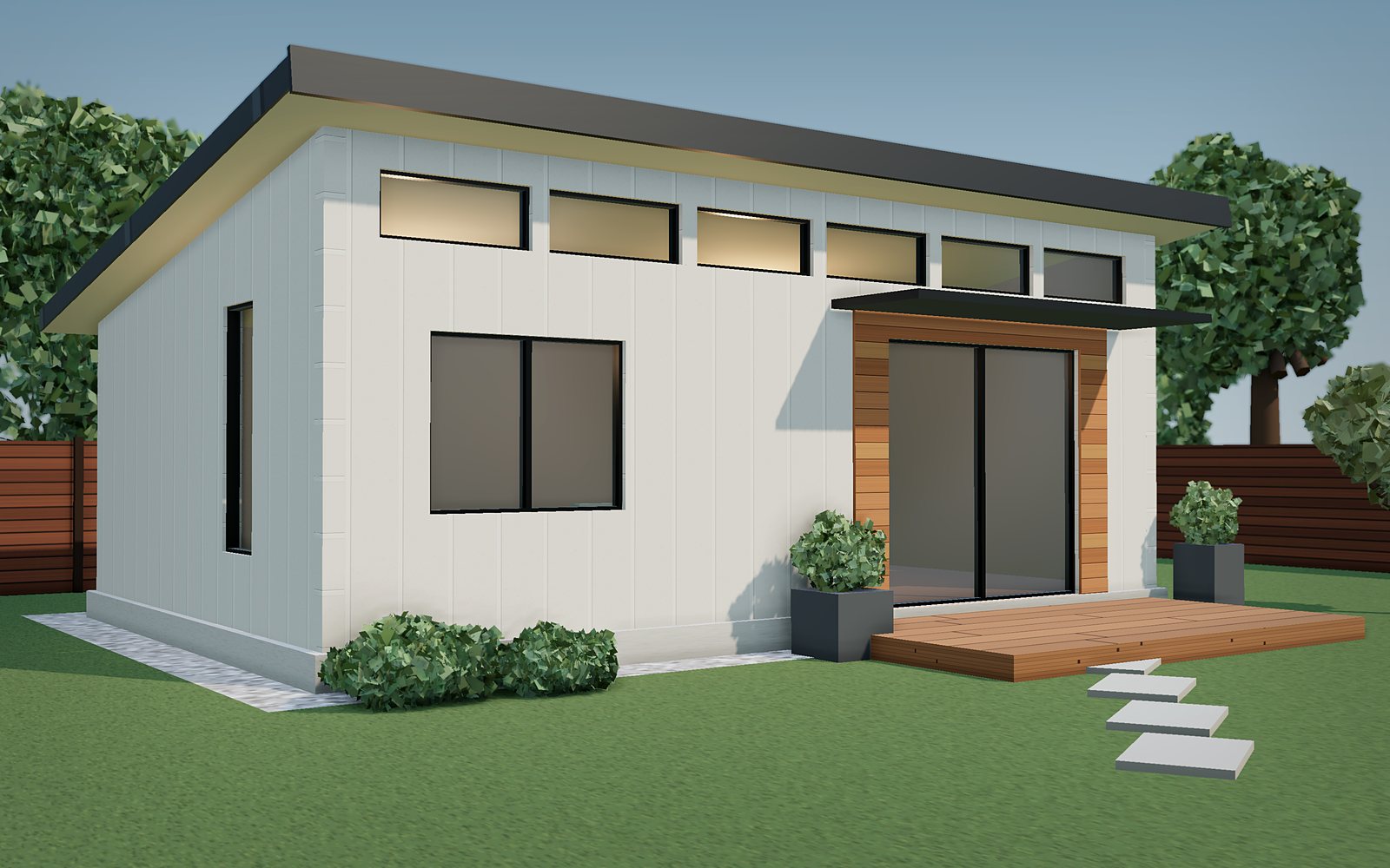 3D rendering of the Ready 600 backyard house: a modern one-story ADU with a shed roof, clerestory windows, white board-and-batten siding, a cedar entry wall with a glass slider, and a small wood deck in a fenced backyard